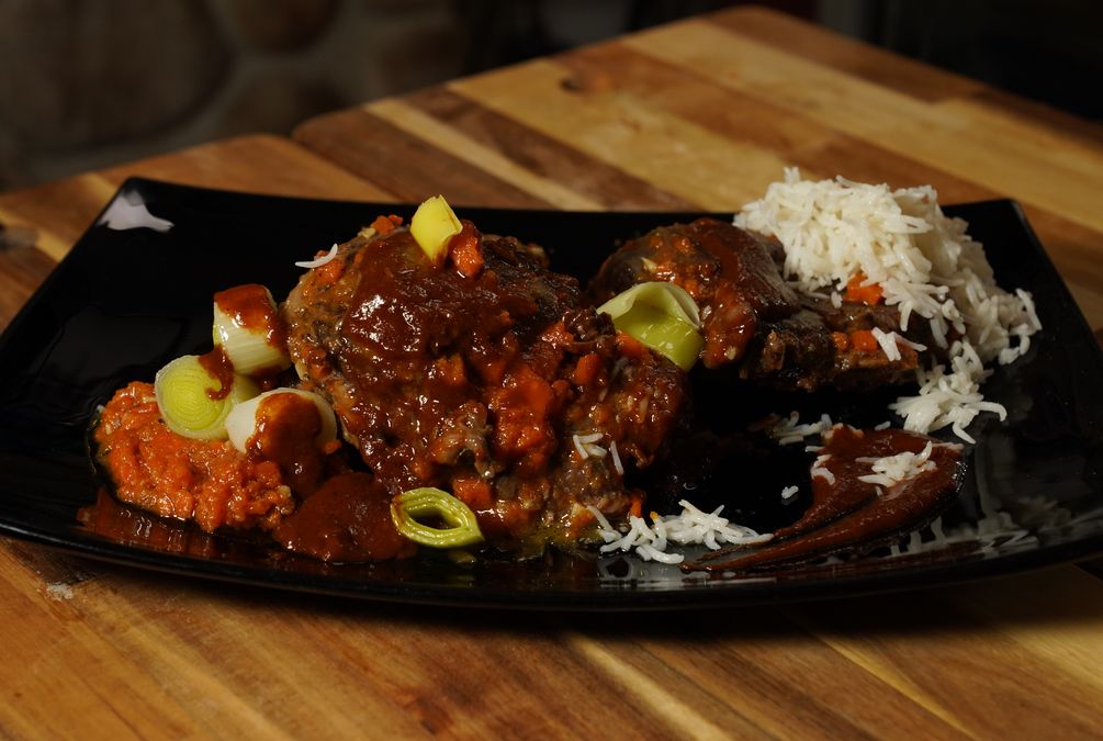 Carrilleras asadas with rice and sweet potato purée